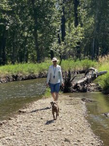 Man walking with his retriever dog near the Stillwater River